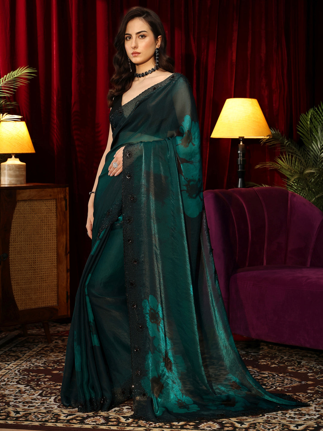Libas Bottle Green Floral Silk Blend Saree