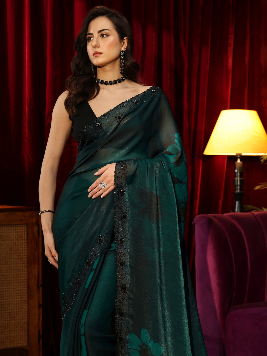 Libas Bottle Green Floral Silk Blend Saree