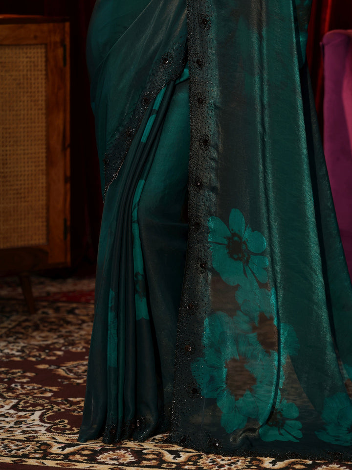 Libas Bottle Green Floral Silk Blend Saree