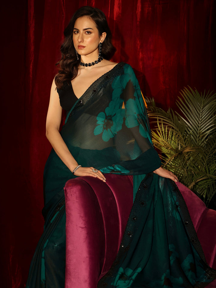 Libas Bottle Green Floral Silk Blend Saree