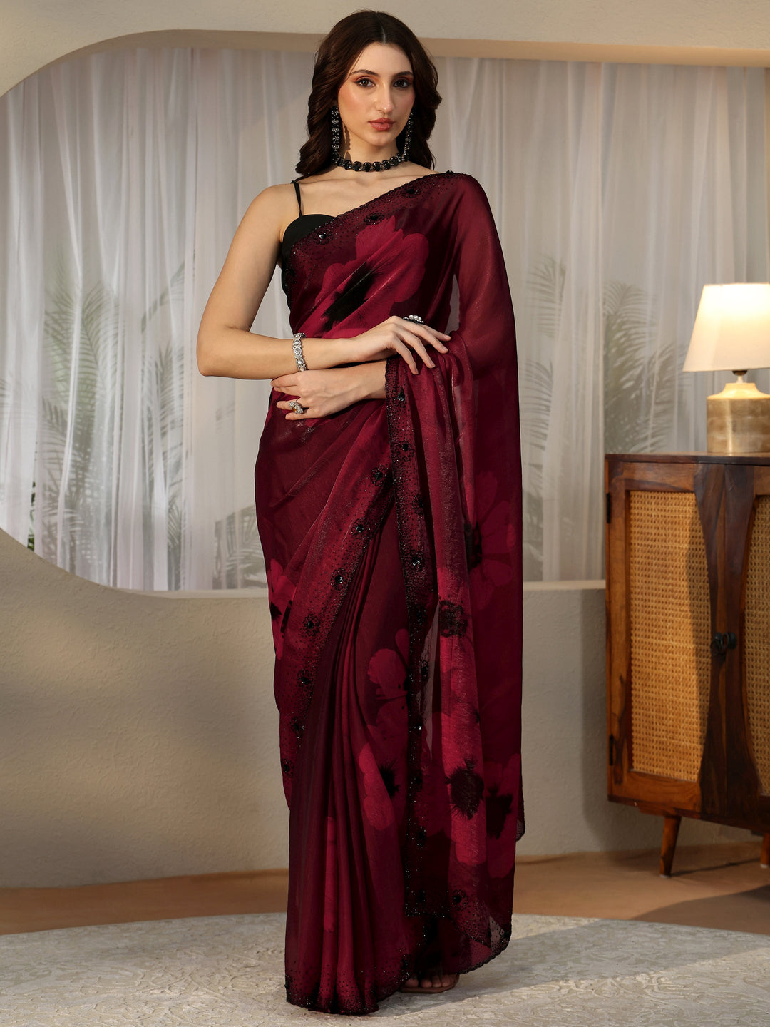 Libas Maroon Red Floral Silk Blend Saree