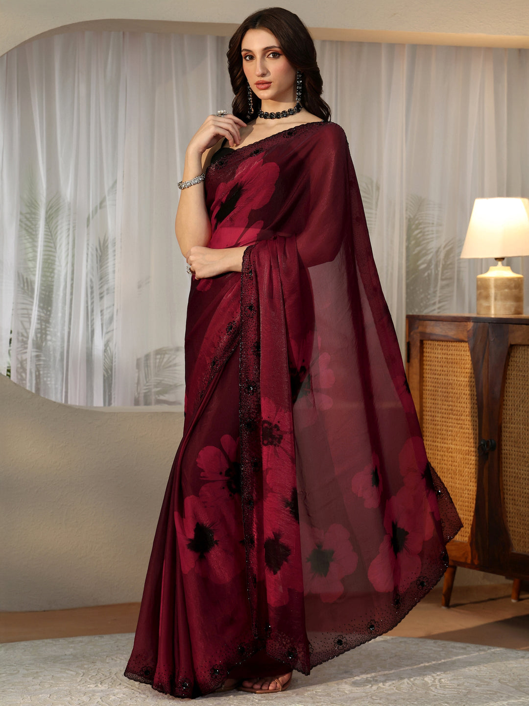 Libas Maroon Red Floral Silk Blend Saree