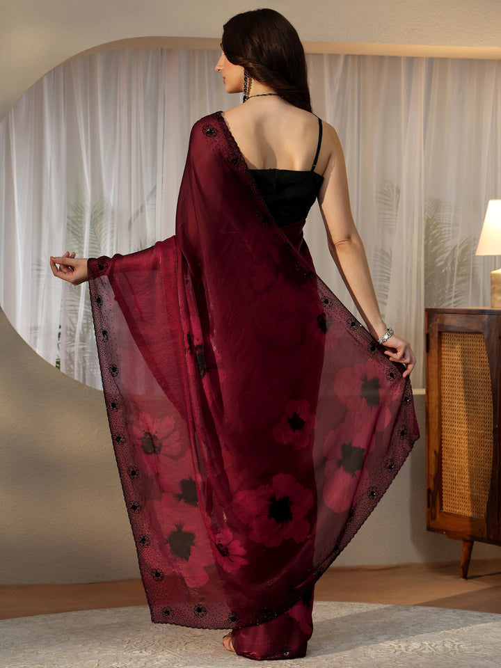 Libas Maroon Red Floral Silk Blend Saree