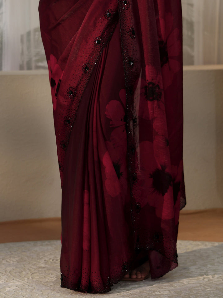 Libas Maroon Red Floral Silk Blend Saree