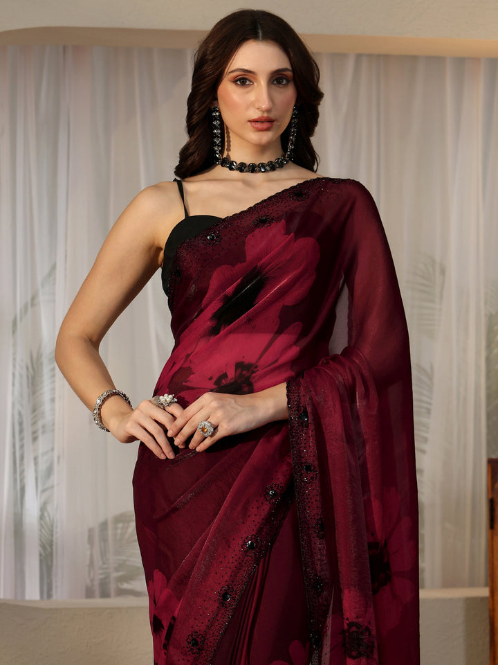 Libas Maroon Red Floral Silk Blend Saree
