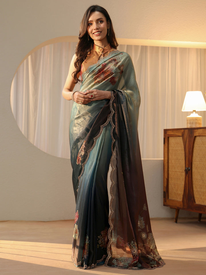 Libas Brown Floral Embellished Silk Blend Saree
