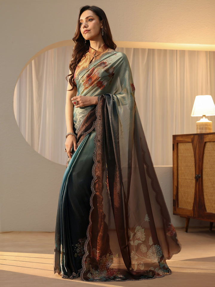 Libas Brown Floral Embellished Silk Blend Saree