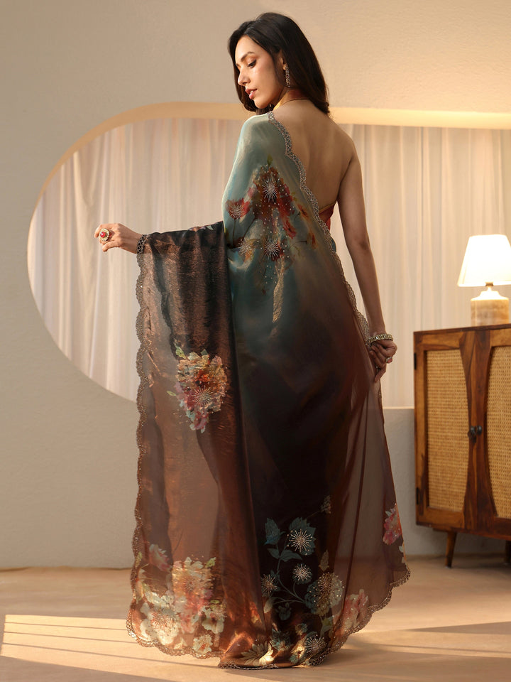 Libas Brown Floral Embellished Silk Blend Saree