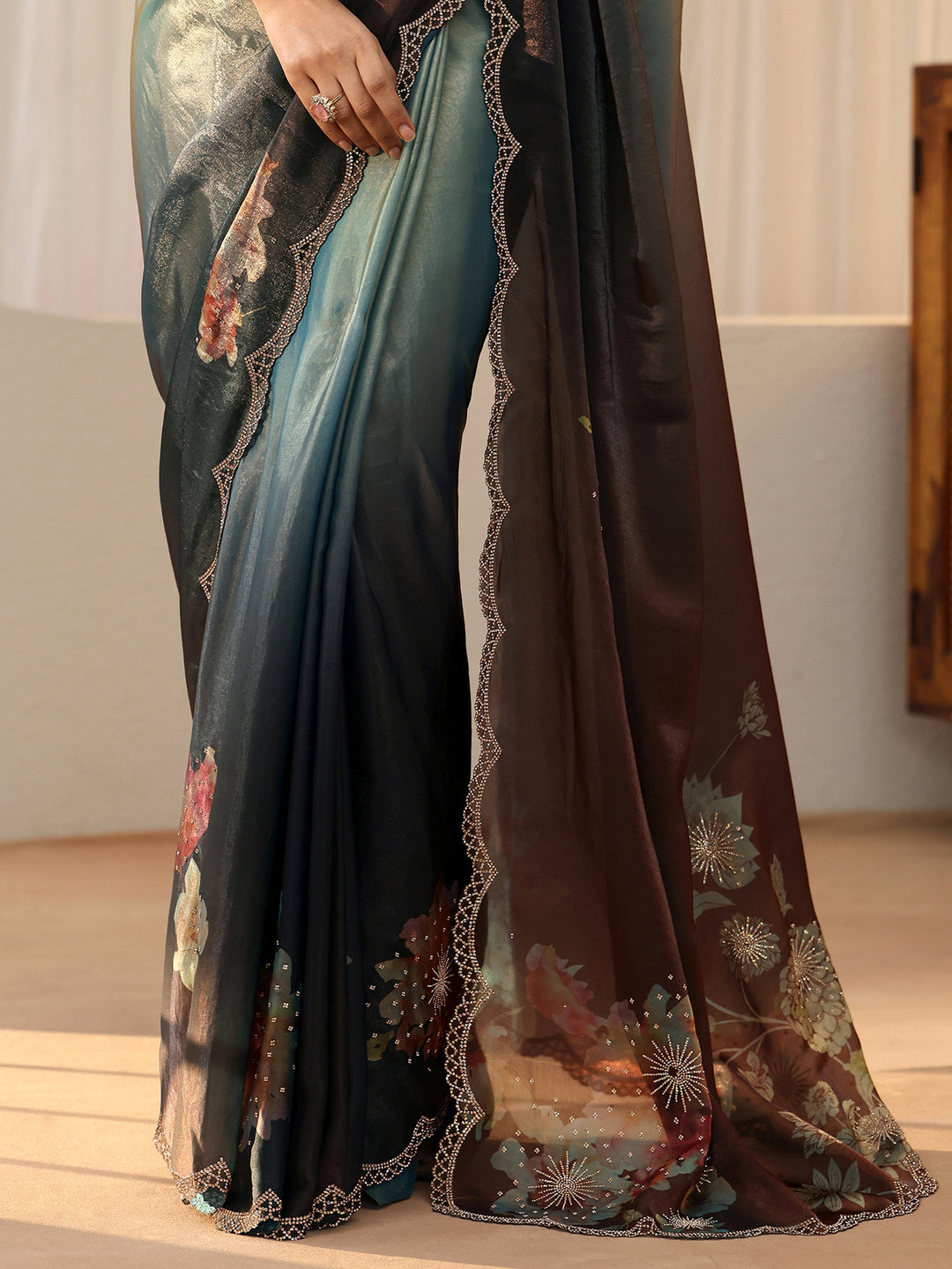 Libas Brown Floral Embellished Silk Blend Saree