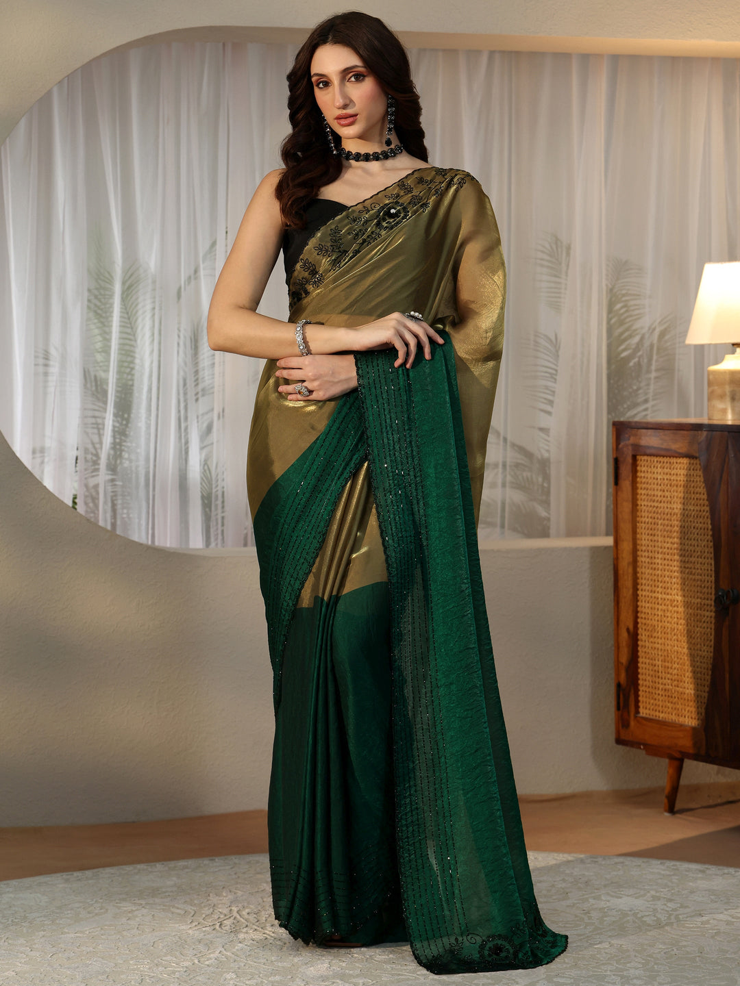 Libas Bottle Green Tissue Saree with Embellished Border