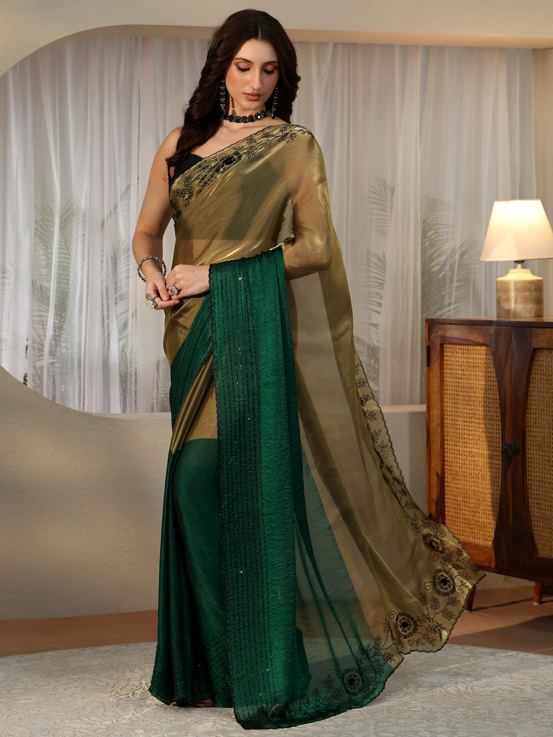 Libas Bottle Green Tissue Saree with Embellished Border