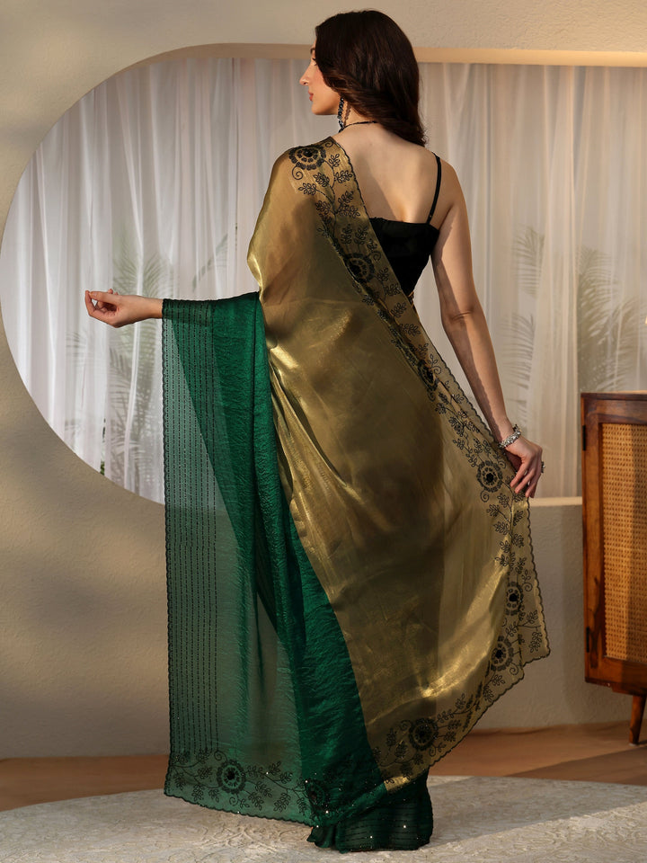 Libas Bottle Green Tissue Saree with Embellished Border