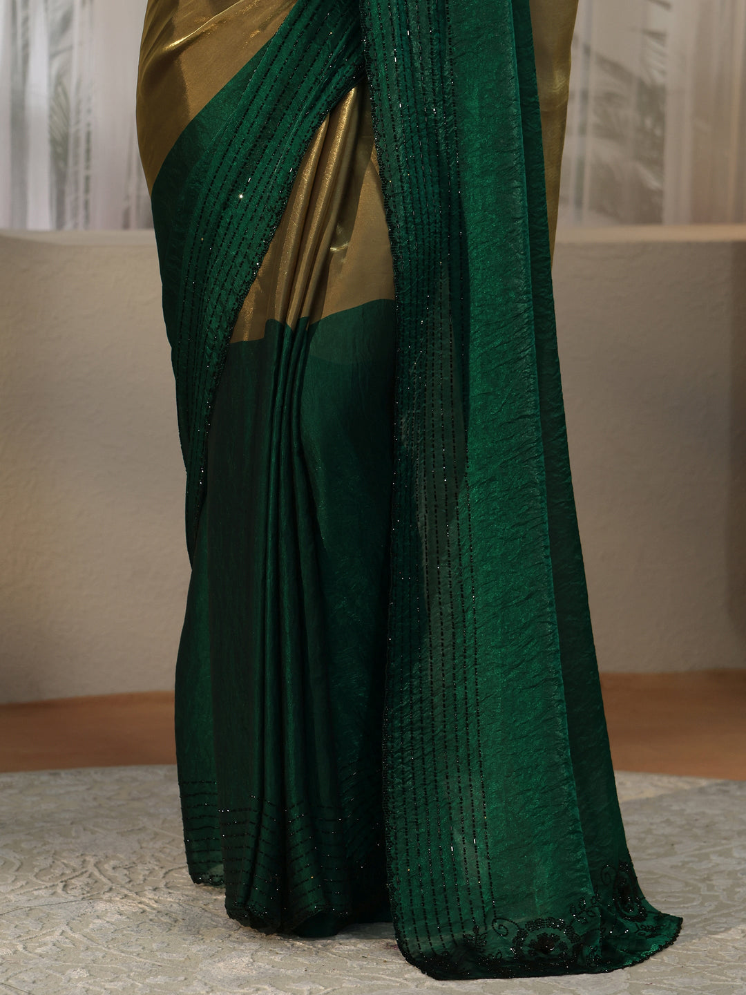 Libas Bottle Green Tissue Saree with Embellished Border