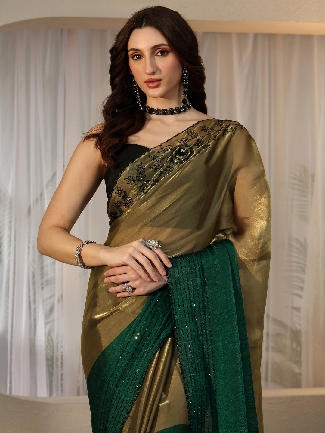 Libas Bottle Green Tissue Saree with Embellished Border