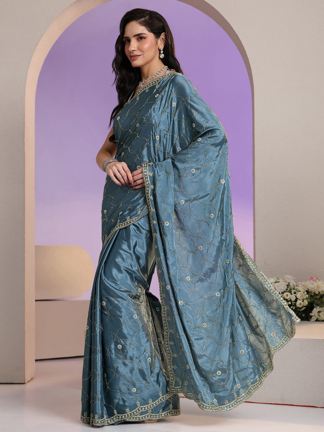 Libas Dusty Blue Embellished Silk Blend Saree