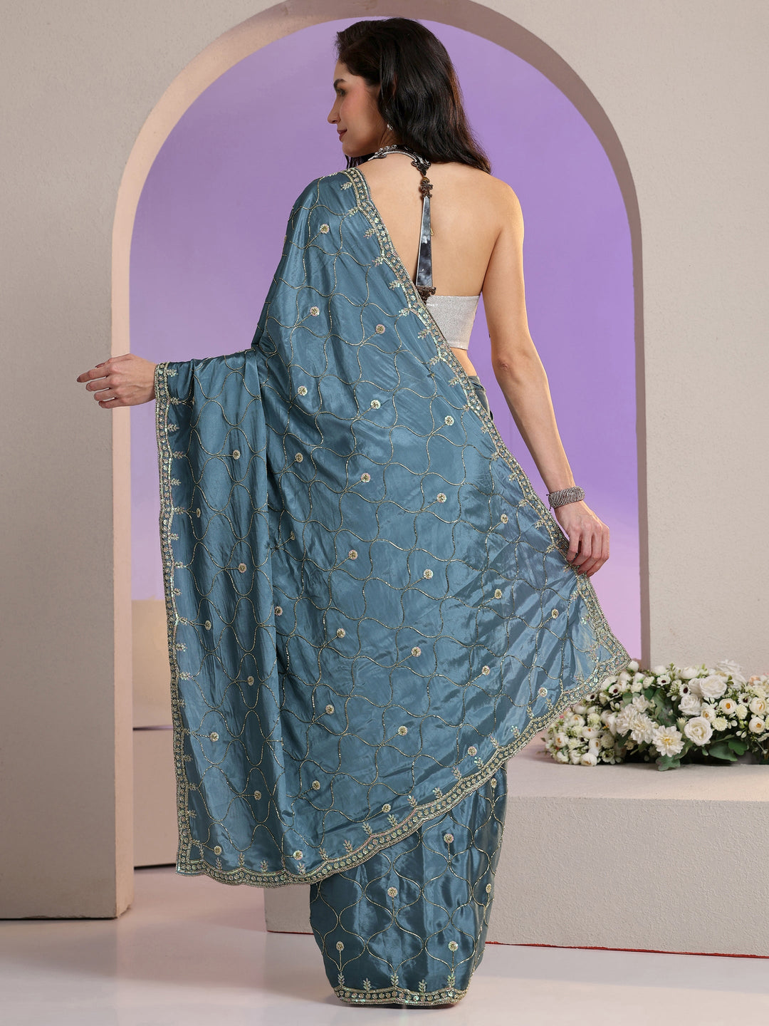 Libas Dusty Blue Embellished Silk Blend Saree