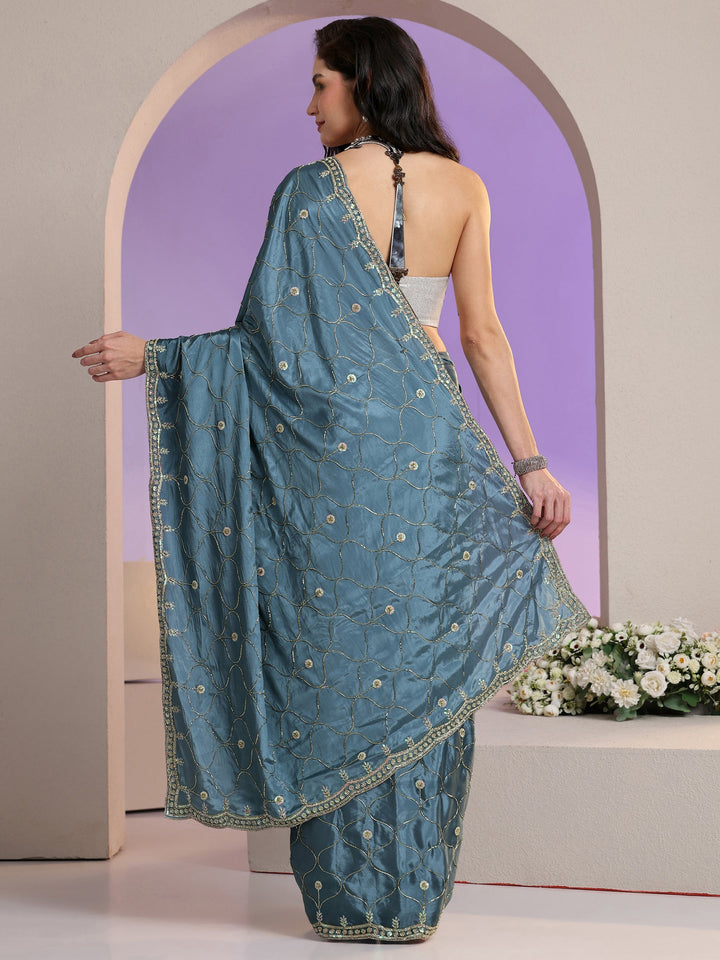 Libas Dusty Blue Embellished Silk Blend Saree