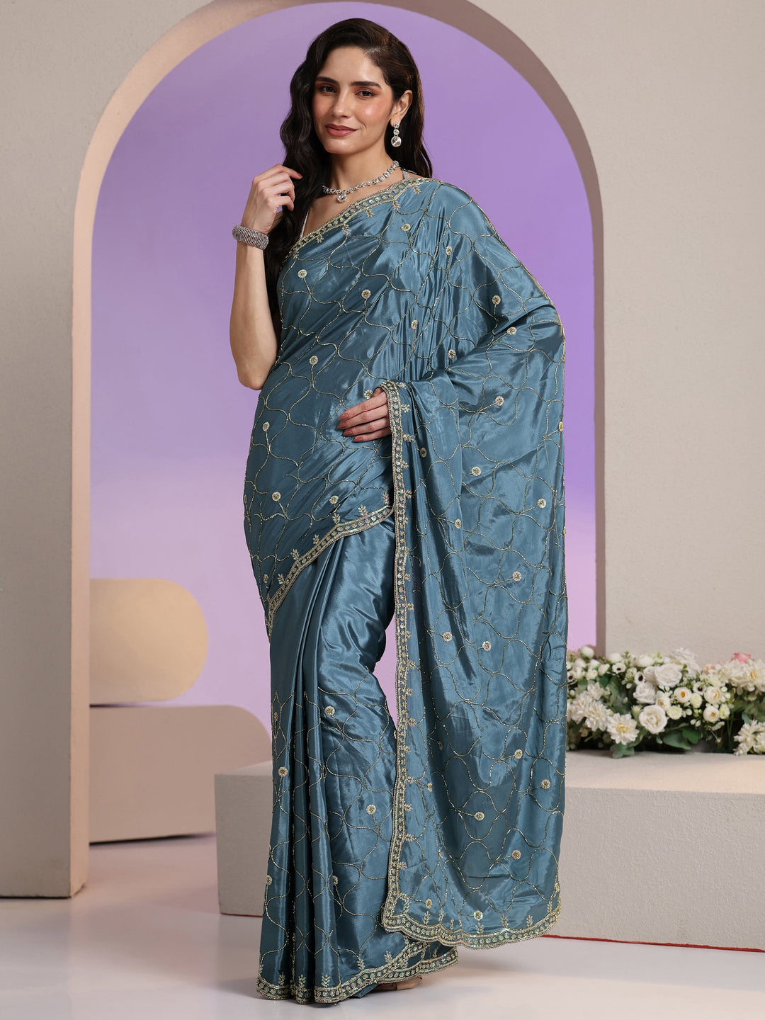 Libas Dusty Blue Embellished Silk Blend Saree