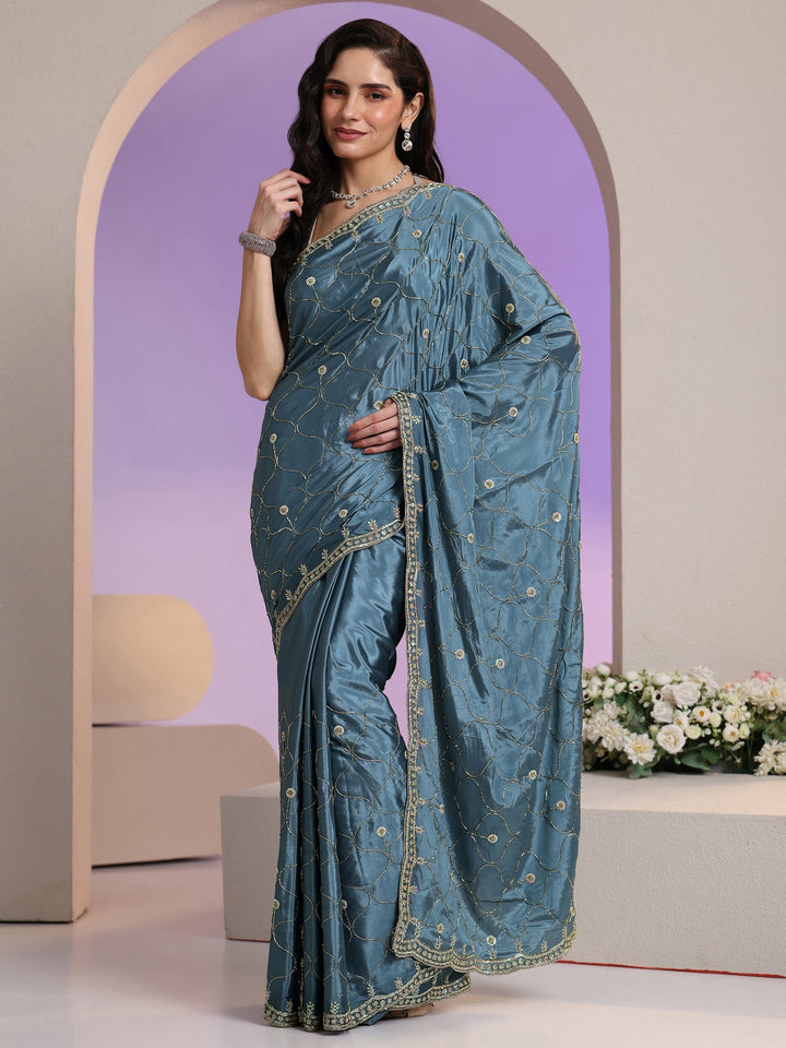 Libas Dusty Blue Embellished Silk Blend Saree