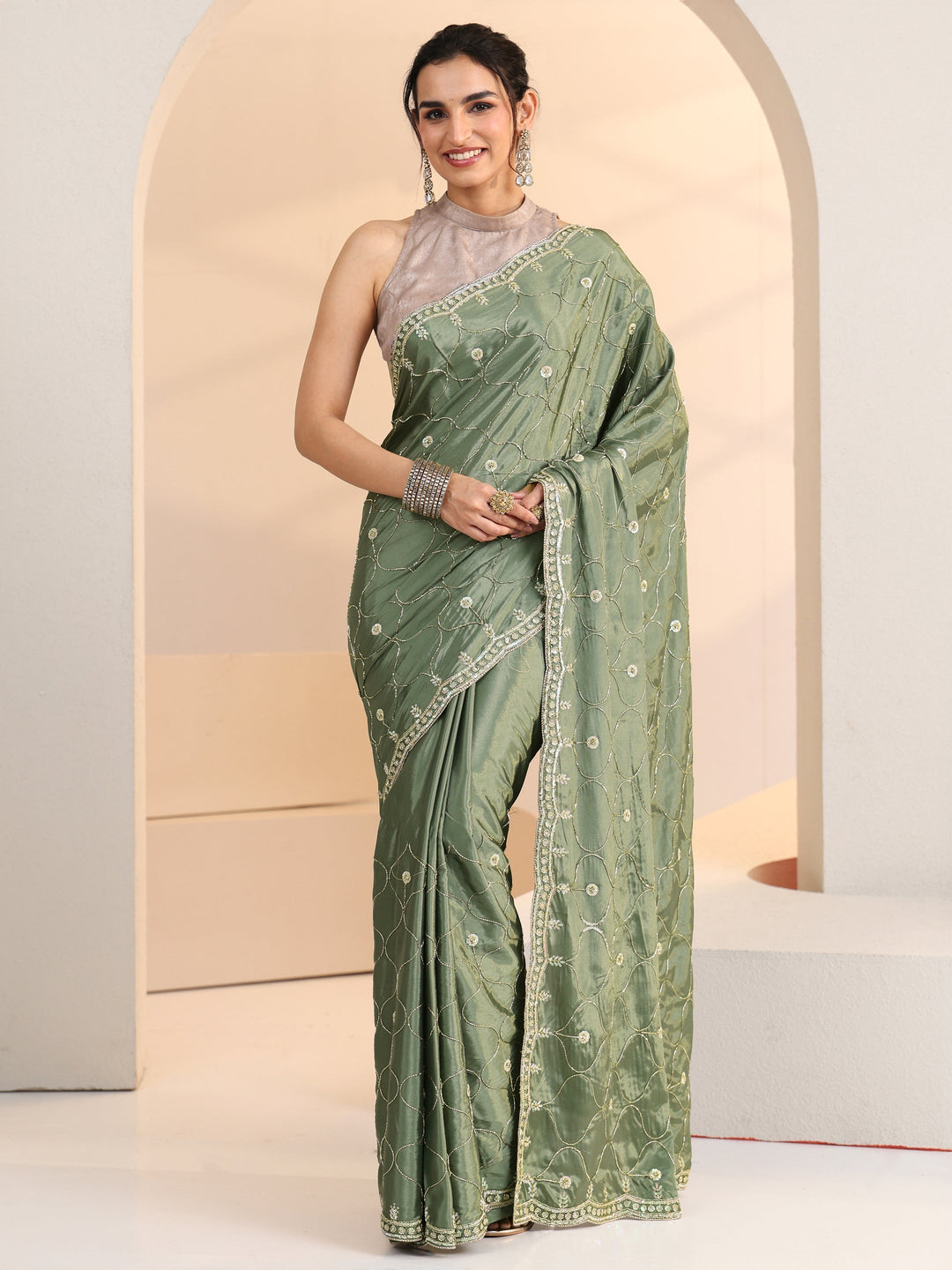 Libas Sage Green Floral Embellished Silk Blend Saree