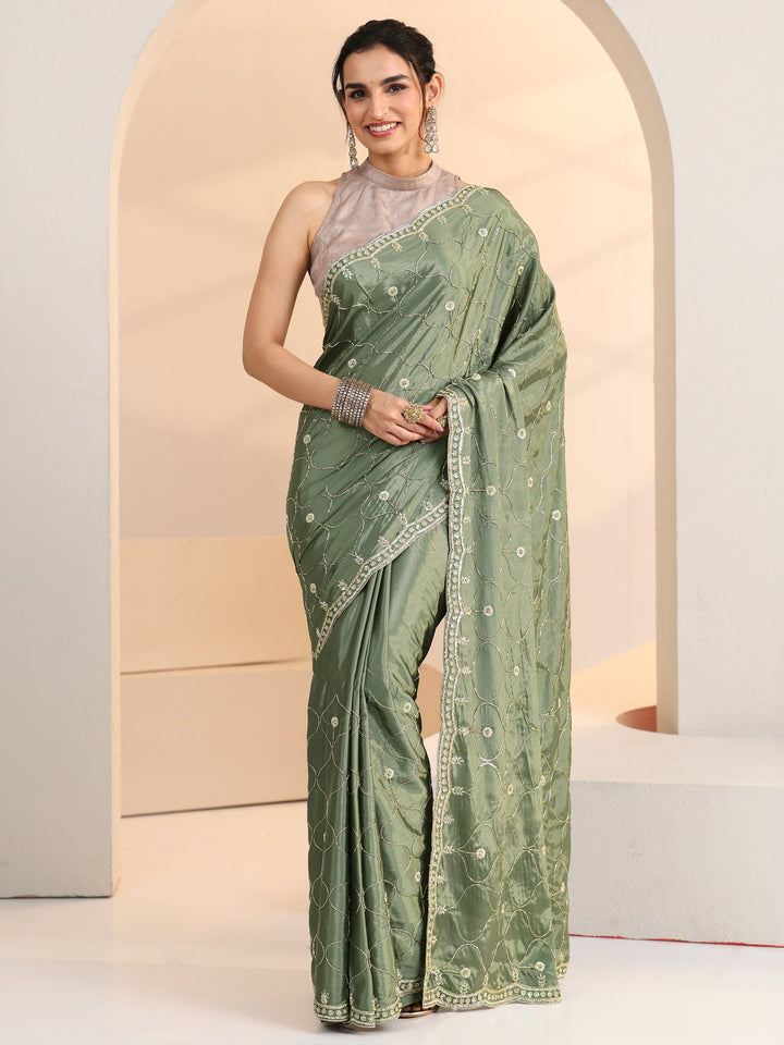Libas Sage Green Floral Embellished Silk Blend Saree