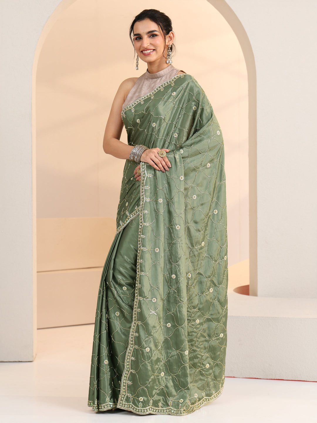 Libas Sage Green Floral Embellished Silk Blend Saree