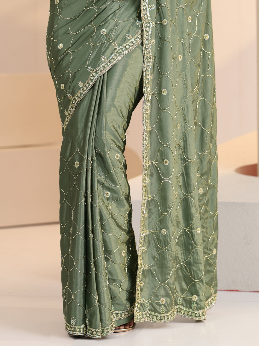Libas Sage Green Floral Embellished Silk Blend Saree
