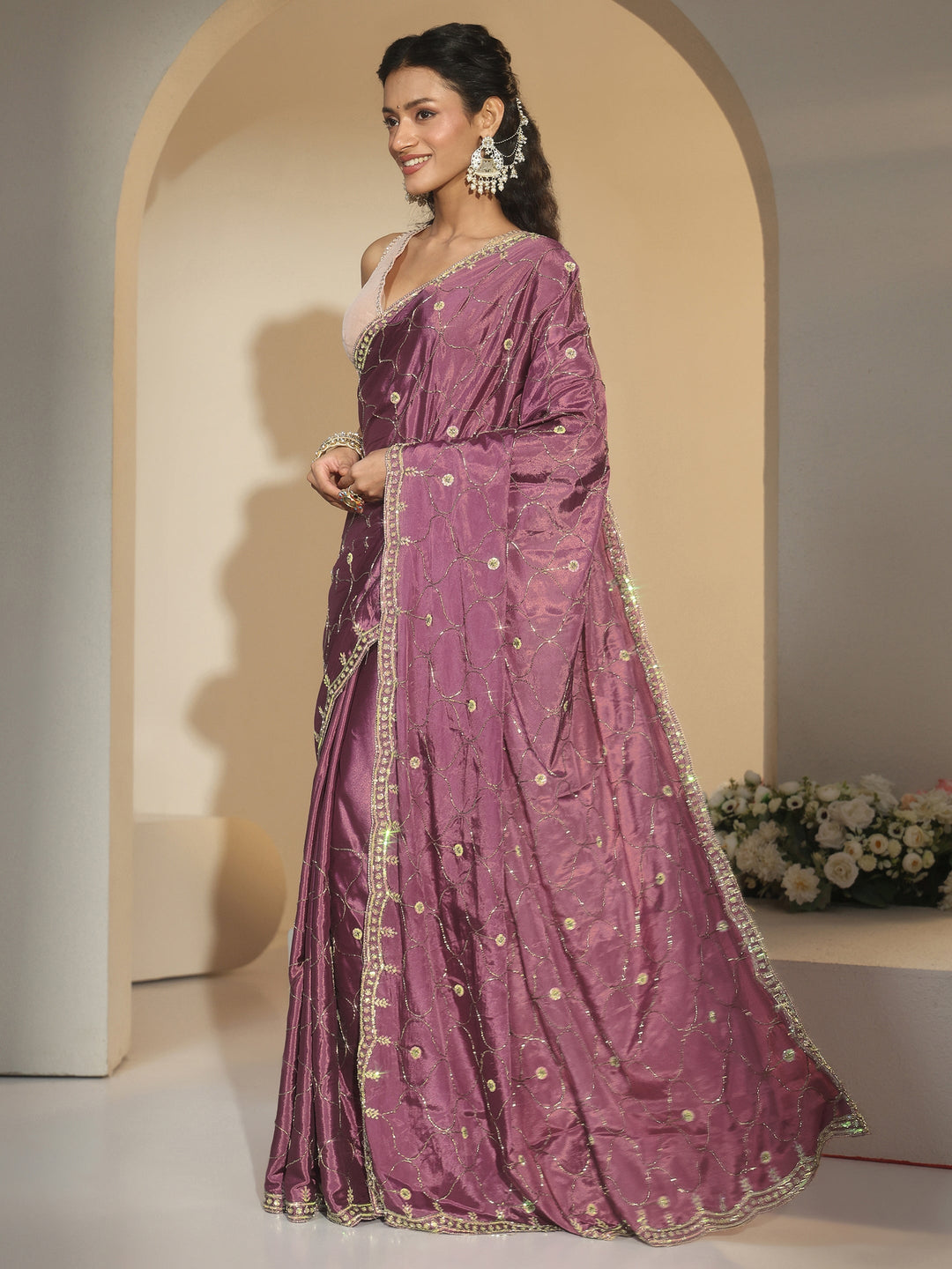 Libas Mauve Embellished Silk Blend Saree