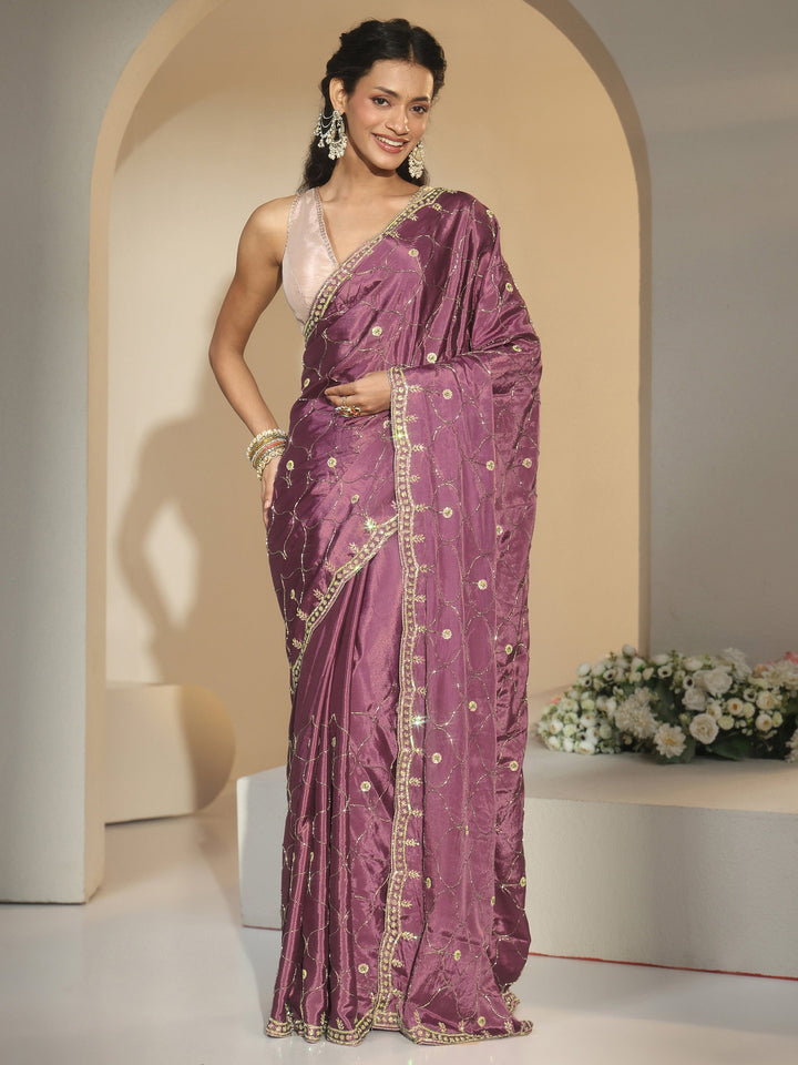 Libas Mauve Embellished Silk Blend Saree