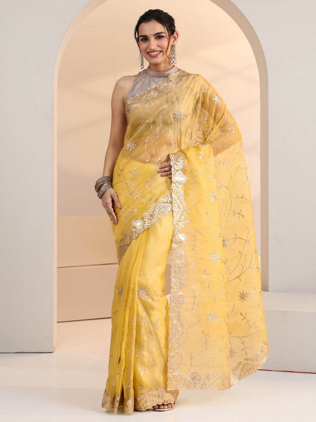 Libas Yellow Floral Embroidered Tissue Saree