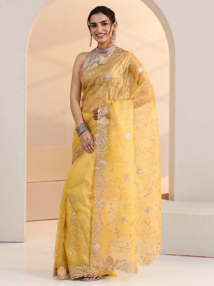 Libas Yellow Floral Embroidered Tissue Saree