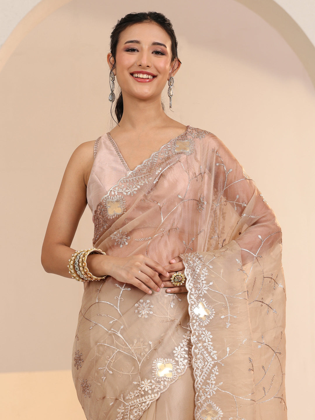 Libas Golden Floral Embroidered Tissue Saree