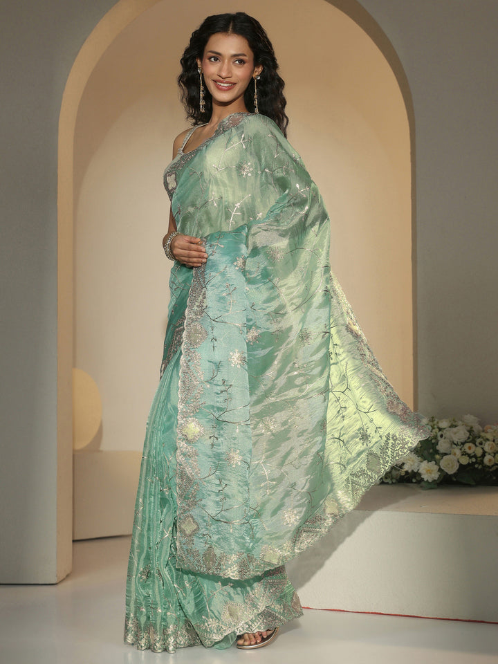 Libas Sea Green Floral Embroidered Tissue Saree