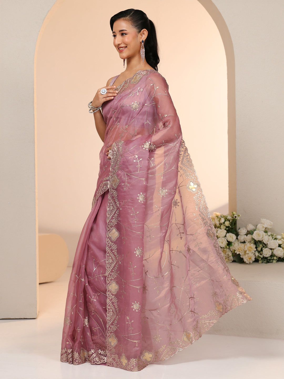 Libas Dusty Rose Pink Floral Embroidered Tissue Saree