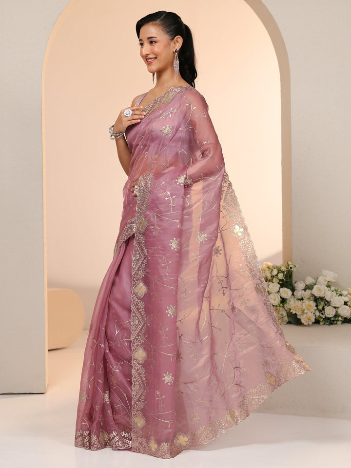 Libas Dusty Rose Pink Floral Embroidered Tissue Saree