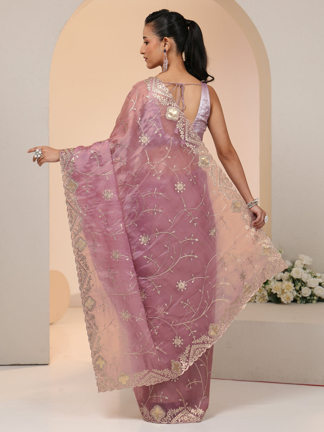 Libas Dusty Rose Pink Floral Embroidered Tissue Saree