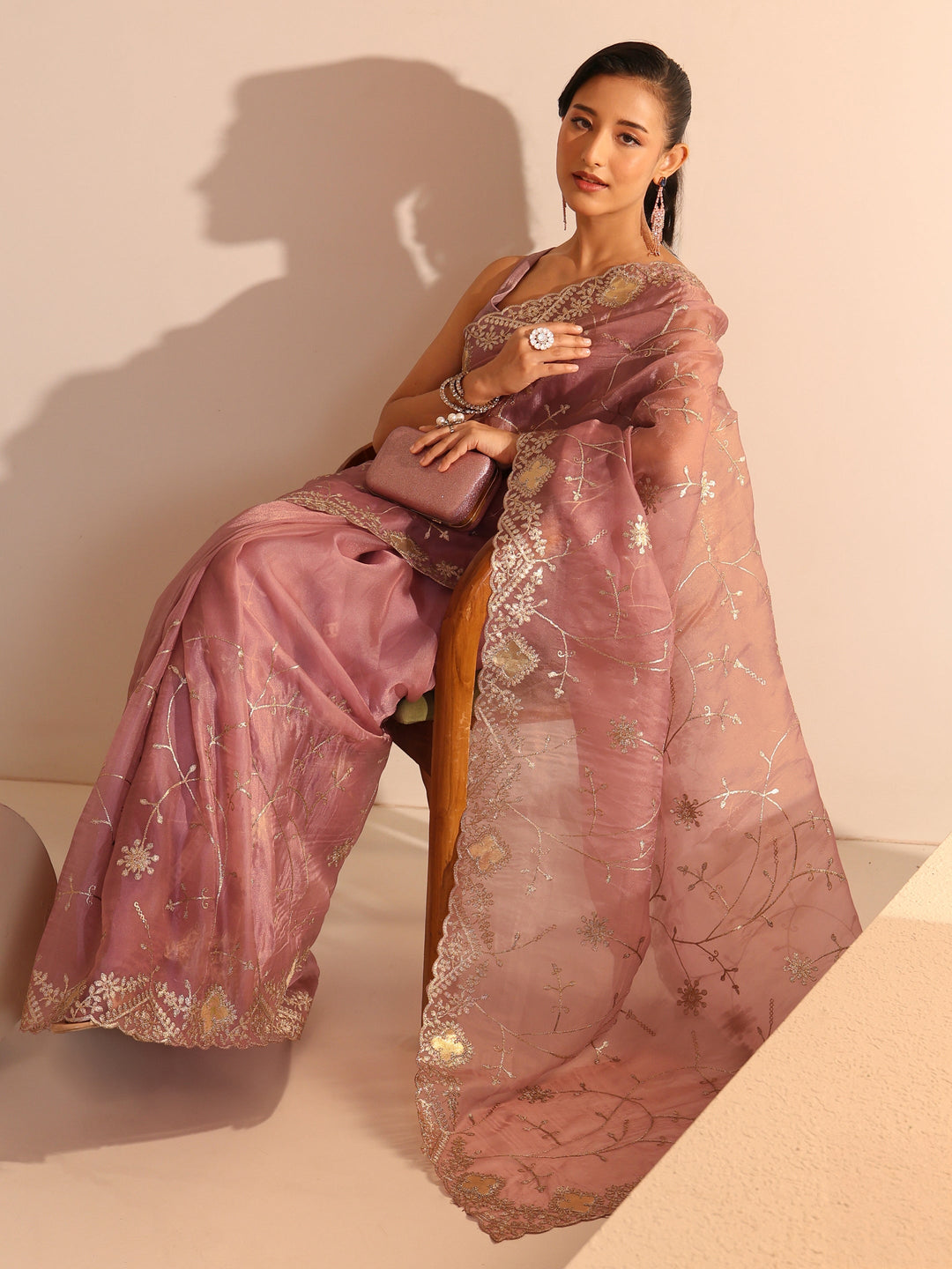 Libas Dusty Rose Pink Floral Embroidered Tissue Saree