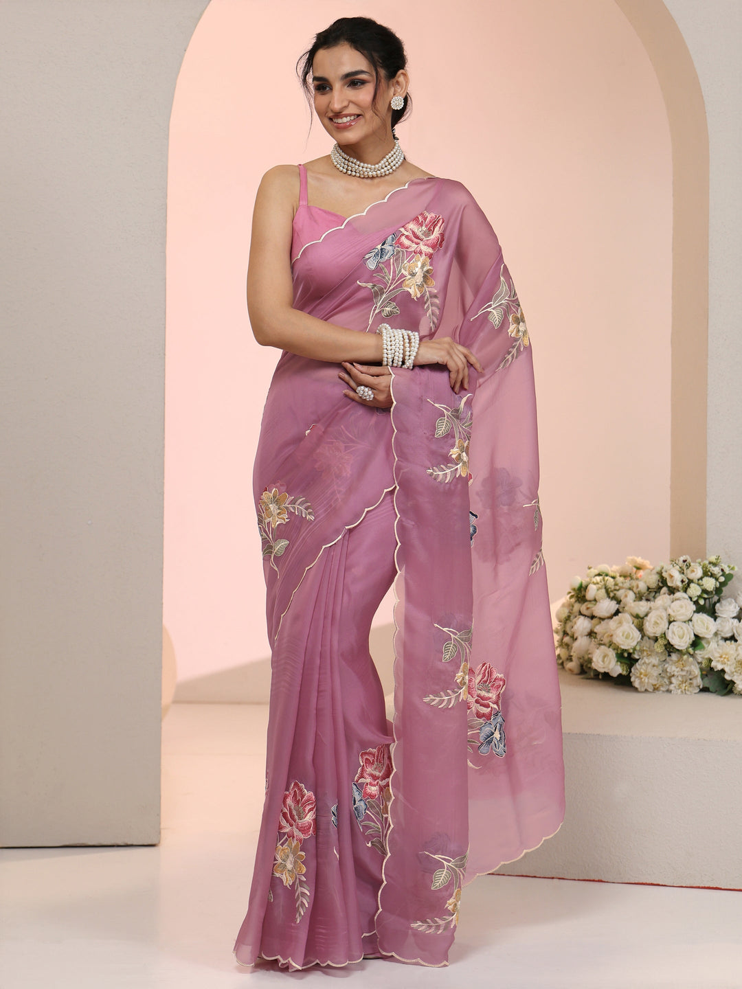 Libas Mauve Floral Embroidered Tissue Saree with Scalloped Border