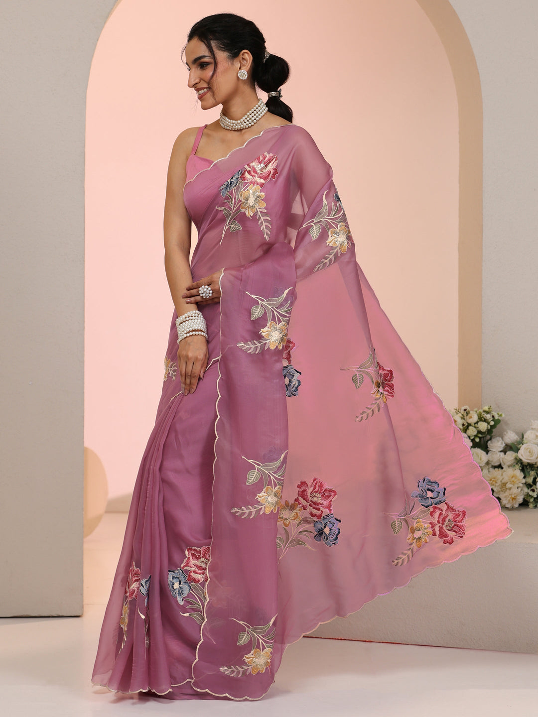 Libas Mauve Floral Embroidered Tissue Saree with Scalloped Border