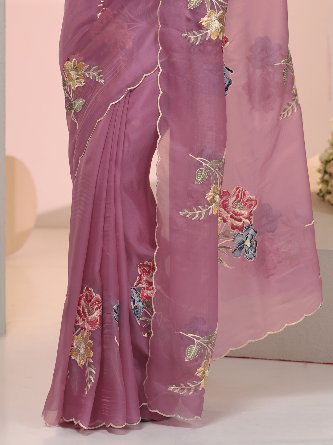 Libas Mauve Floral Embroidered Tissue Saree with Scalloped Border