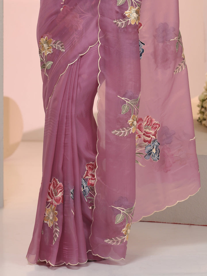Libas Mauve Floral Embroidered Tissue Saree with Scalloped Border