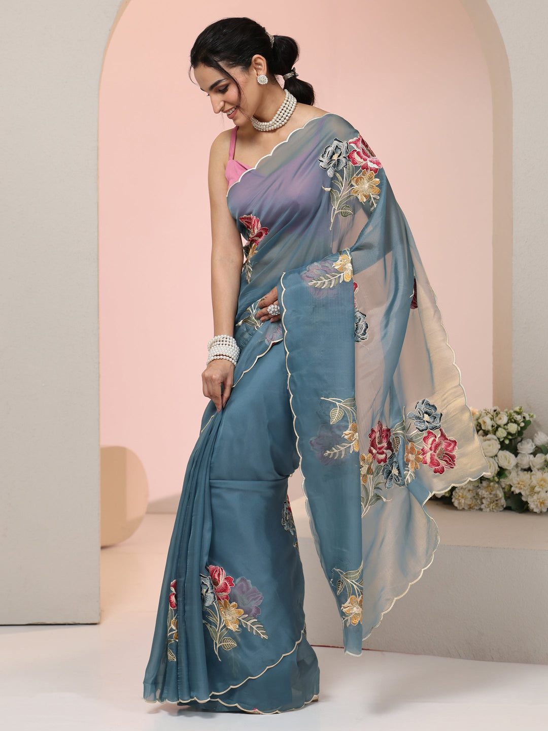 Libas Steel Blue Floral Embroidered Tissue Saree with Scalloped Border