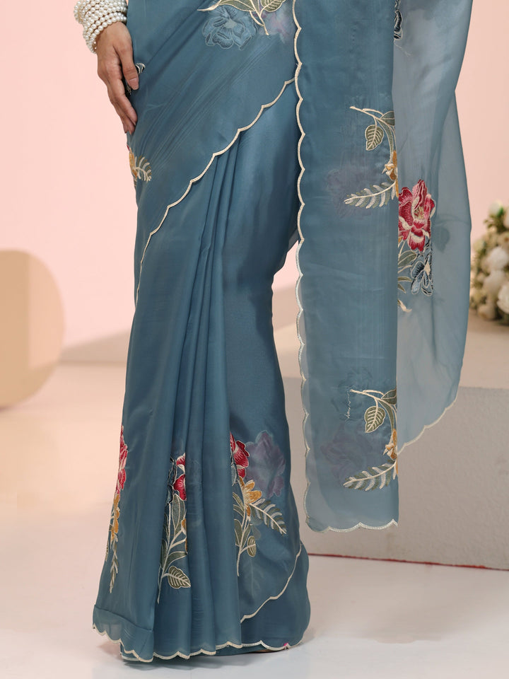 Libas Steel Blue Floral Embroidered Tissue Saree with Scalloped Border