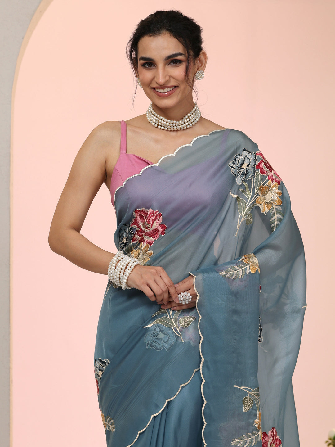 Libas Steel Blue Floral Embroidered Tissue Saree with Scalloped Border