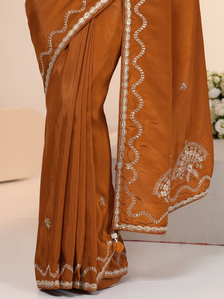Libas Rust Embroidered Silk Blend Saree