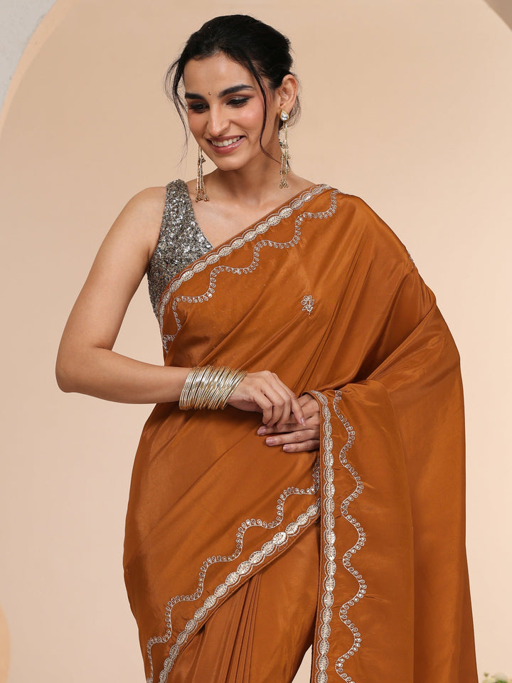 Libas Rust Embroidered Silk Blend Saree
