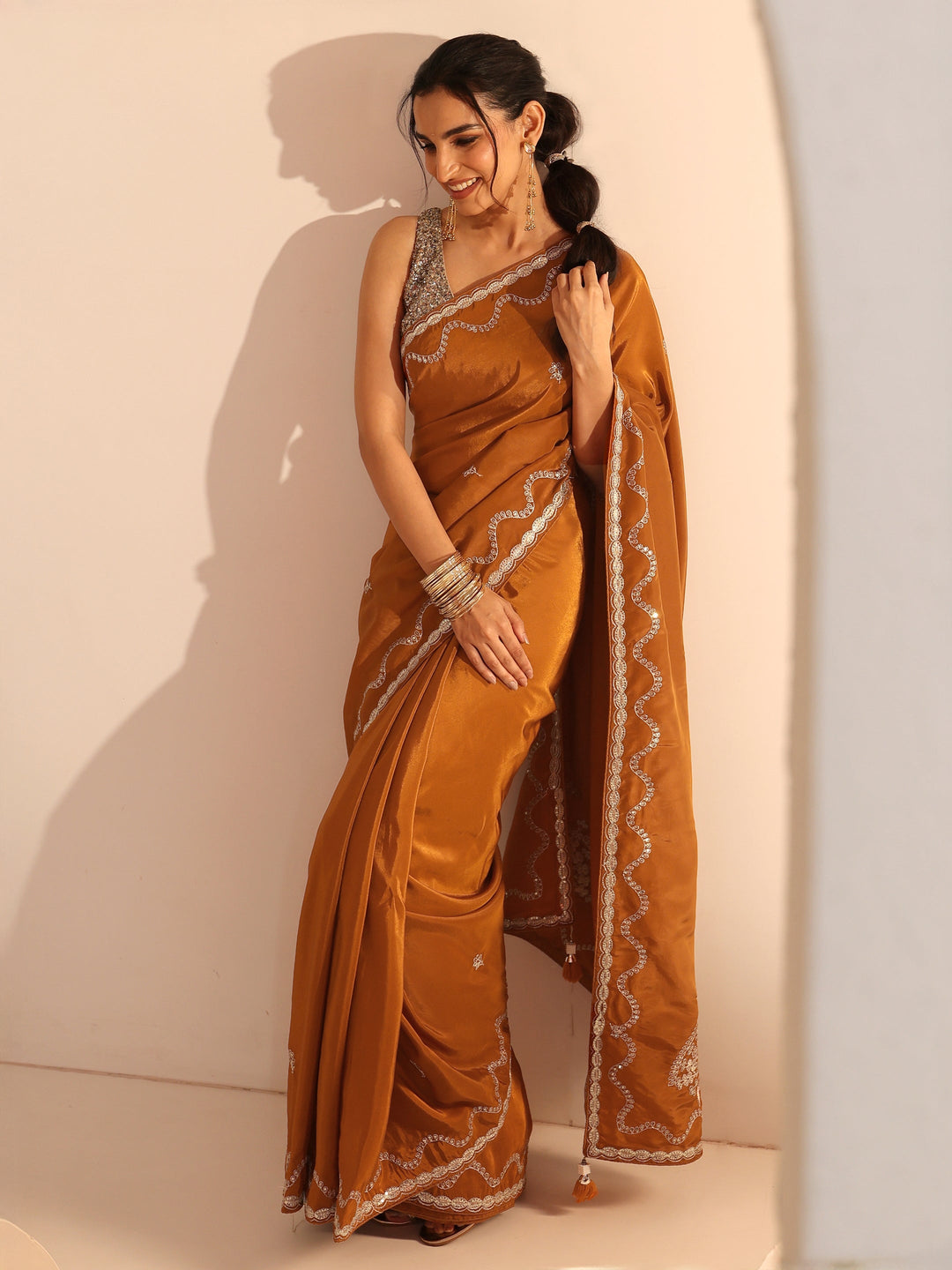 Libas Rust Embroidered Silk Blend Saree