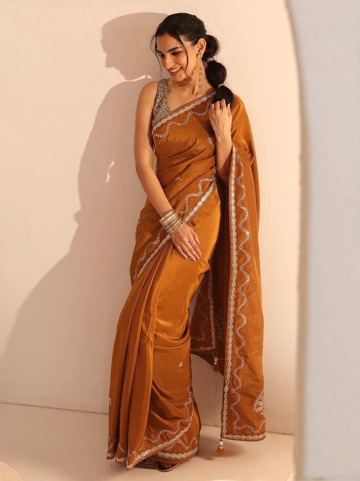 Libas Rust Embroidered Silk Blend Saree