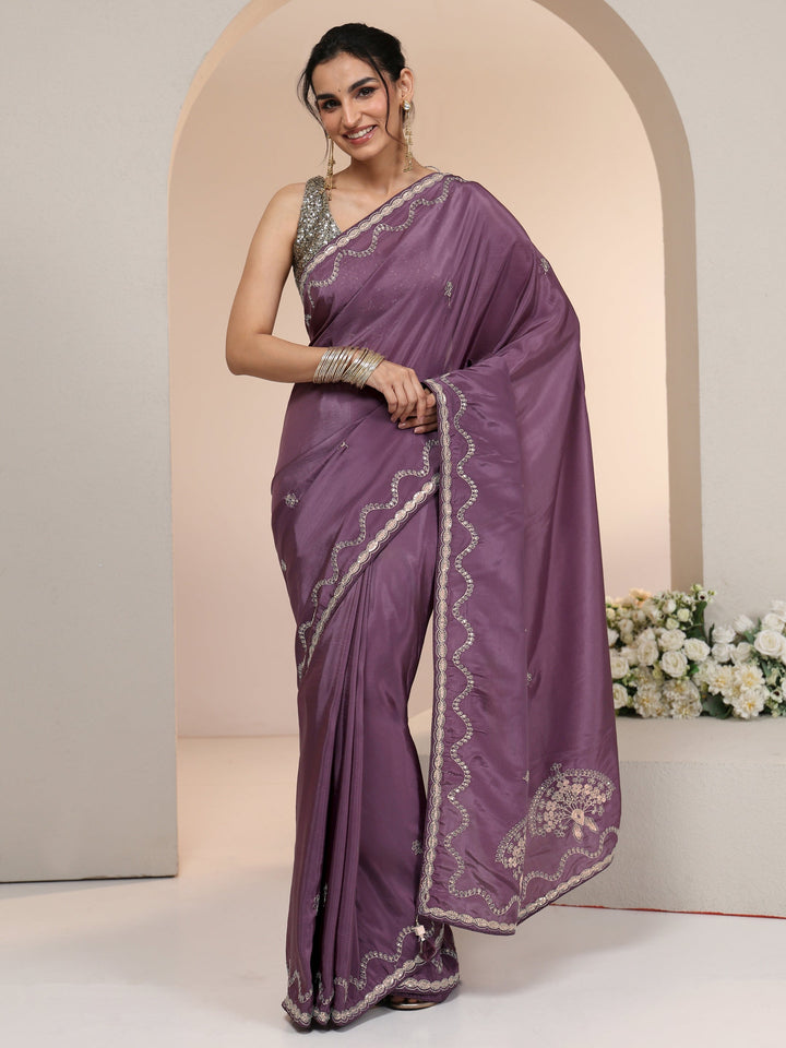 Libas Dusty Plum Purple Embroidered Silk Blend Saree