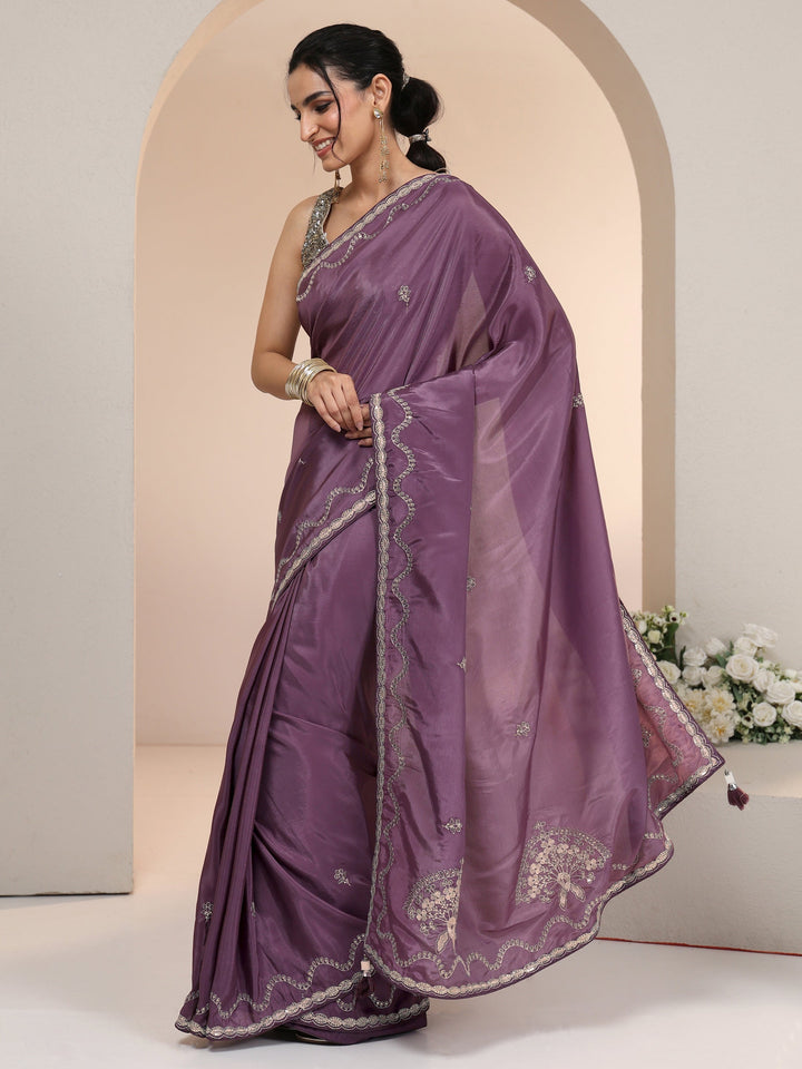 Libas Dusty Plum Purple Embroidered Silk Blend Saree